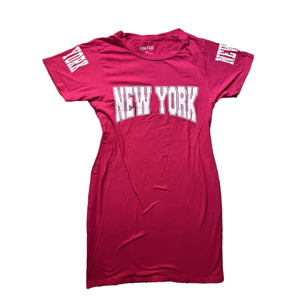 Women's On Fire Size Medium Hot Pink New York Tee Shirt Dress Cotton Blend